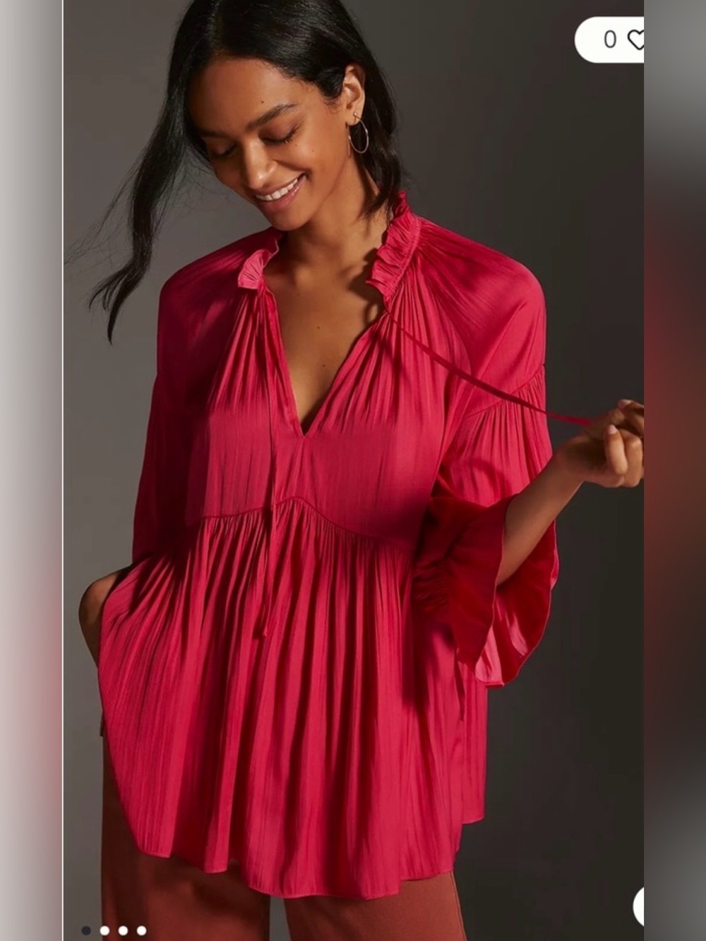 By Anthropologie Size M Pink Magenta Split-Neck Babydoll Blouse